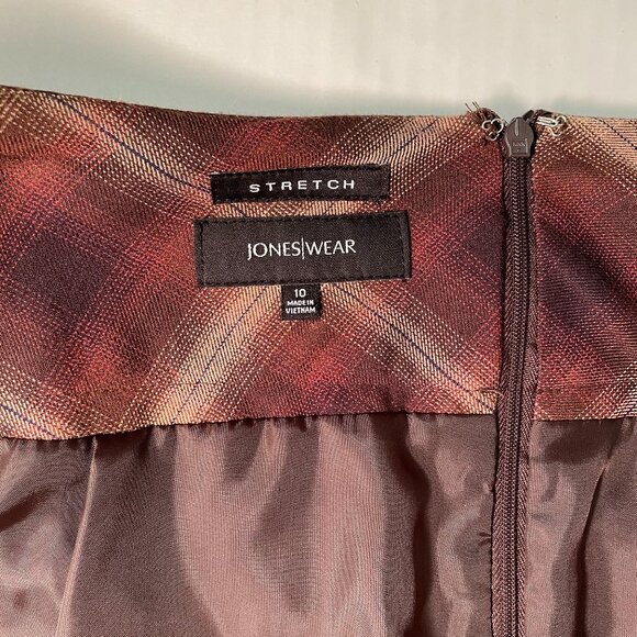 JONES WEAR Skirt Size 10 Pleated Knee Length Brown Plaid Lined Zip Back Stretch - Picture 9 of 12
